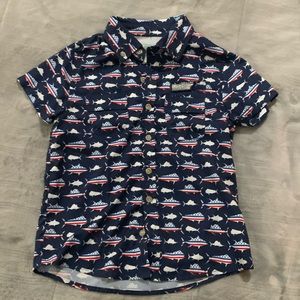Ocean Coast red white and blue button up fishing shirt. Ocean Advantage.